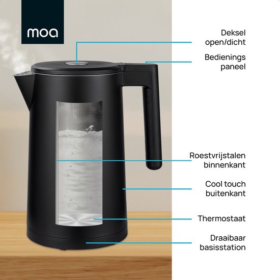 Bouilloire MOA avec contrôle de la température - 1,7 litre - Double paroi - Fonction maintien au chaud - Bouilloire électrique - 2200W - Noir