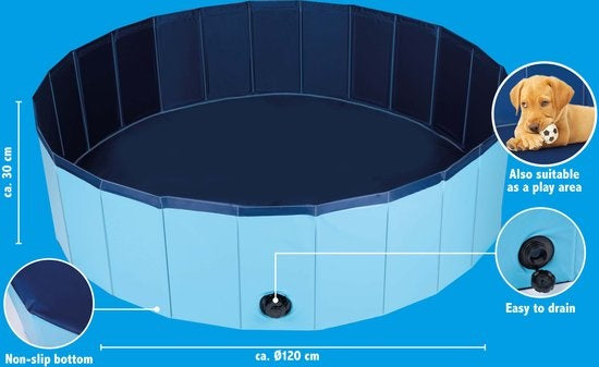 Piscine pour chien - 120 x 30 CM - races de chiens moyennes - Baignoire pour chien pliable - fond antidérapant - avec valve de vidange - bleu
