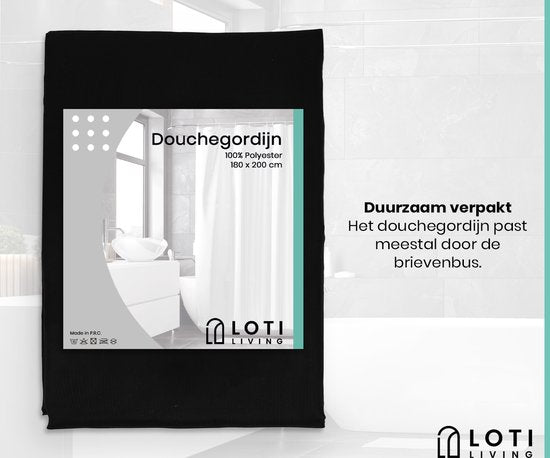Loti Living Rideau de douche anti-moisissure - Noir - Anneaux inclus - Imperméable - Polyester - Rideau de douche 180x200 cm