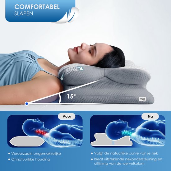 Maqi Living® Oreiller en mousse à mémoire de forme pour les douleurs cervicales – Oreiller orthopédique et ergonomique - Convient aux personnes dormant sur le dos, sur le côté ou sur le ventre - Mousse à mémoire de forme - Gris/blanc