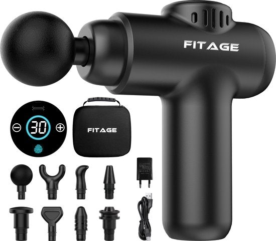 FITAGE Pistolet de massage Mini - 12 accessoires - Appareil de massage professionnel - Pistolet de massage 30 étapes - Appareil de massage - Pistolet de massage