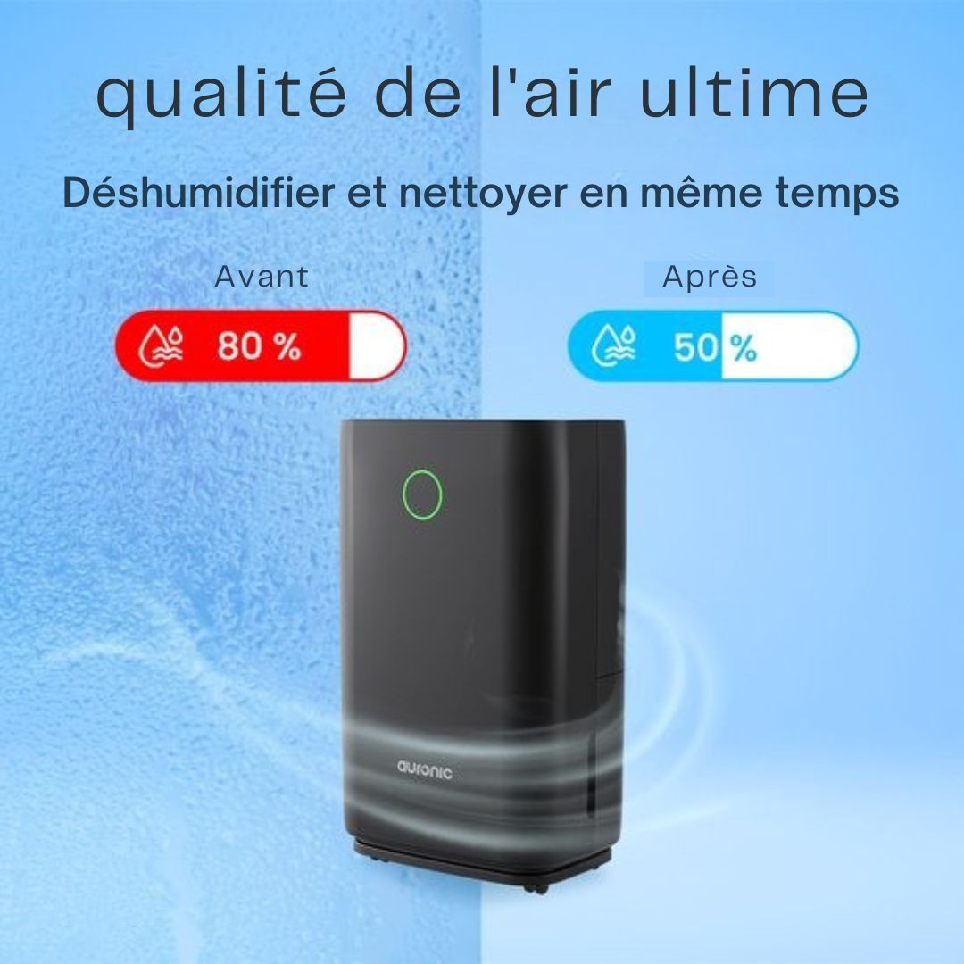 Déshumidificateur Auronic - Série compacte - 20L par jour - Fonction Lavage-Séchage - Chambre à coucher, salle de bain et salon - Élimination de l'humidité pour la maison - Noir