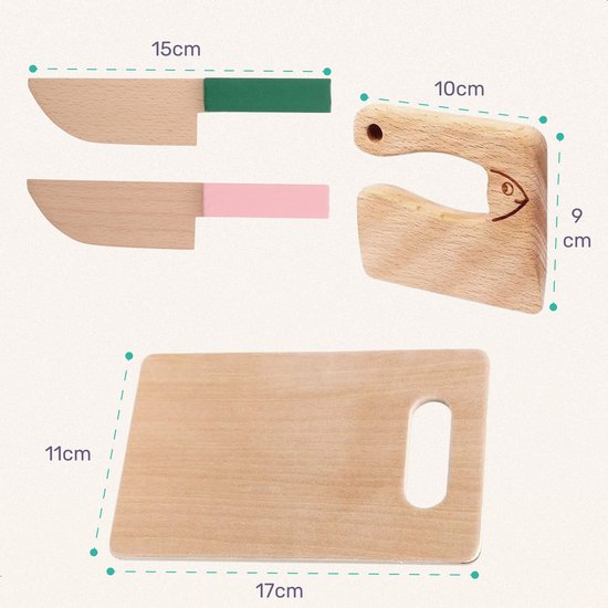 Qwali Set de couteaux en bois pour enfants - sûr - planche à découper incluse - Enfants - Coutellerie - Couteaux Enfant - Cuisine - Jouets