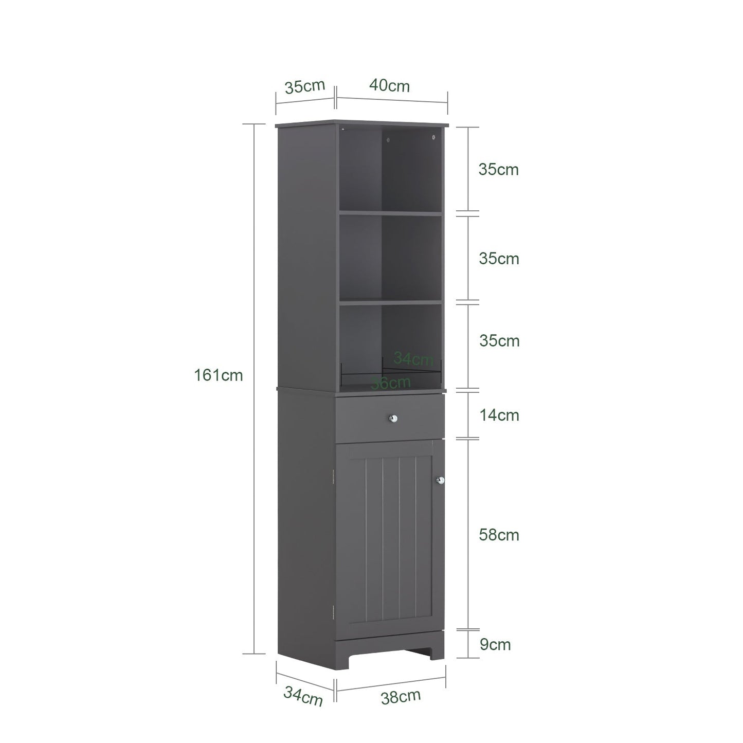 SoBuy Meuble de salle de bain - 3 étagères - 1 porte - 40 x 35 x 161 cm - Gris foncé