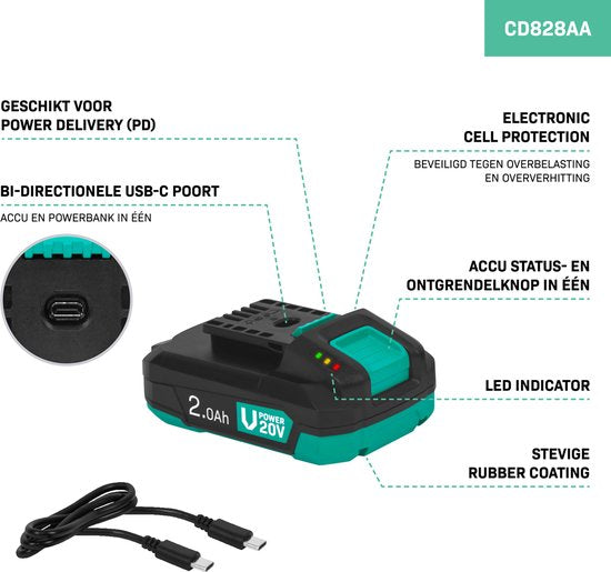 VONROC Batterie 20V - 2,0Ah - Avec port USB-C bidirectionnel - batterie et banque d'alimentation en un - compatible avec Power Delivery (PD) - Protégée avec la protection électronique des cellules.