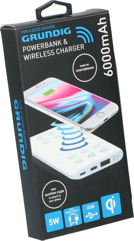 Grundig Wireless Powerbank 600mAh - avec ventouses - câble de chargement inclus - 2 ports USB - blanc
