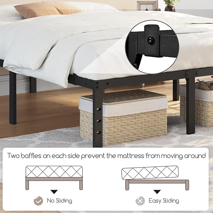 Cadre de lit en métal Yaheetech 135 x 190 cm – Noir – 135 x 190 x 41,5 cm – Avec sommier à lattes en acier et espace de rangement