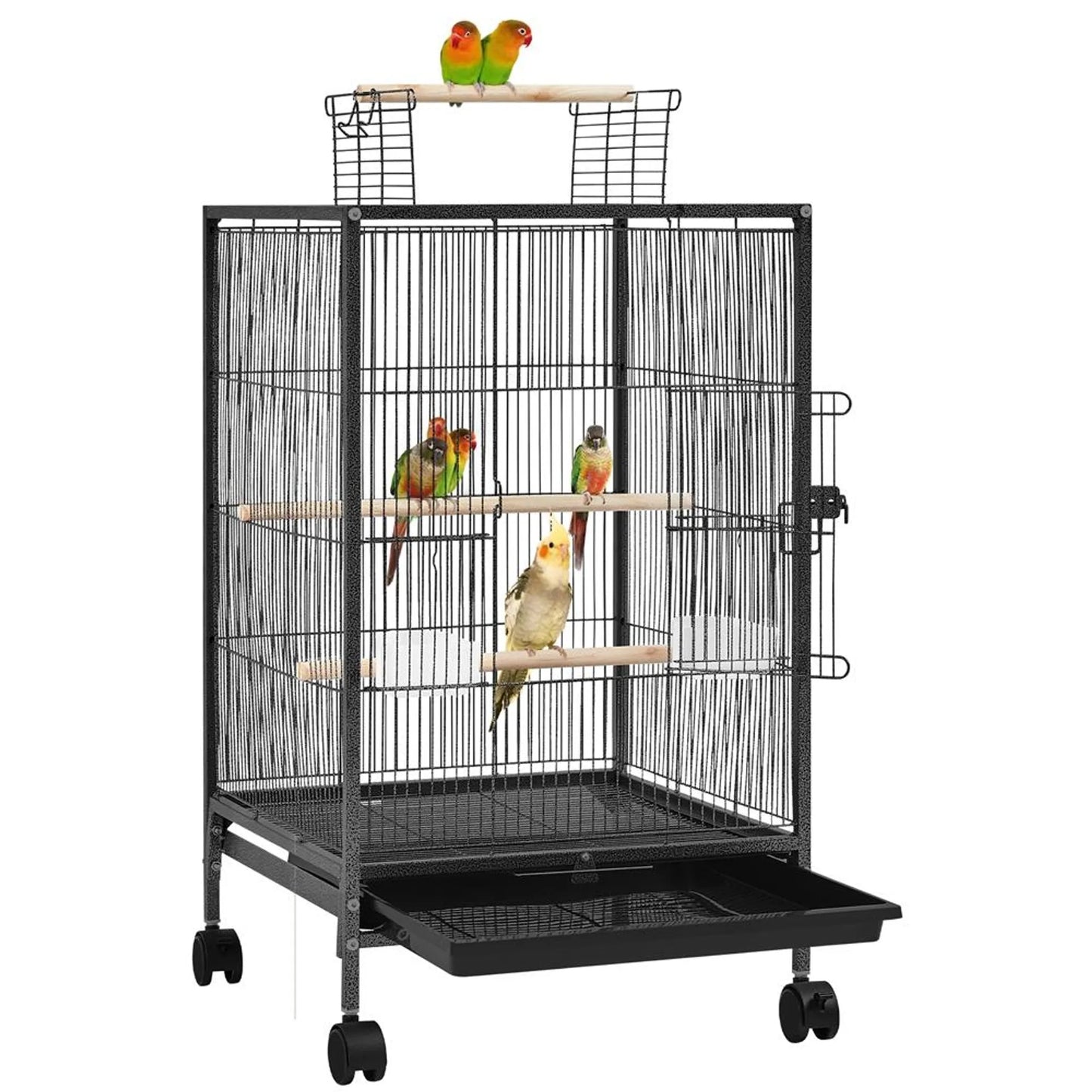 Yaheetech Cage à oiseaux avec toit ouvert - 45,5 x 45,5 x 79 cm - avec roues amovibles et tiroir inférieur extractible et revêtement en poudre martelée - pour perruches et canaris - métal noir et bois