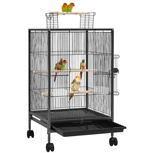 Yaheetech Cage à oiseaux avec toit ouvert - 45,5 x 45,5 x 79 cm - avec roues amovibles et tiroir inférieur extractible et revêtement en poudre martelée - pour perruches et canaris - métal noir et bois