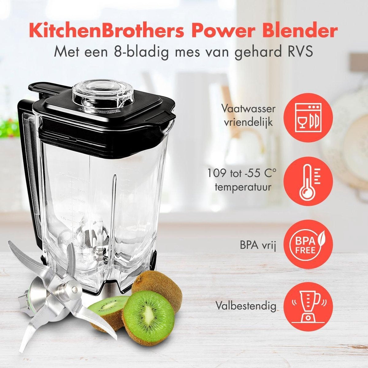Blender - KitchenBrothers - Mixeur - 2000W - 2L - Machine à smoothie- 8 niveaux/4 vitesses - Acier inoxydable