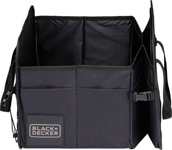 Boîte de rangement BLACK+DECKER pour coffre de voiture - 59 x 36 x 30 cm - 2 compartiments - Compartiments latéraux supplémentaires - Avec poignées - Noir
