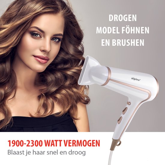 alpina Föhn 1600-2000 W - Sèche-cheveux avec 3 réglages de chaleur - Sèche-cheveux avec fonction « Cool Shot » - Sèche-cheveux avec embout supplémentaire et anneau de suspension - Blanc/Rosé
