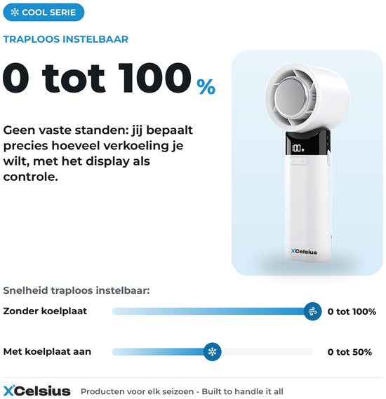 Ventilateur portable XCelsius® - Mini-ventilateur pliable - Rechargeable via USB-C - Réglage continu de 0 % à 100 % - Avec plaque de refroidissement instantanée - Blanc