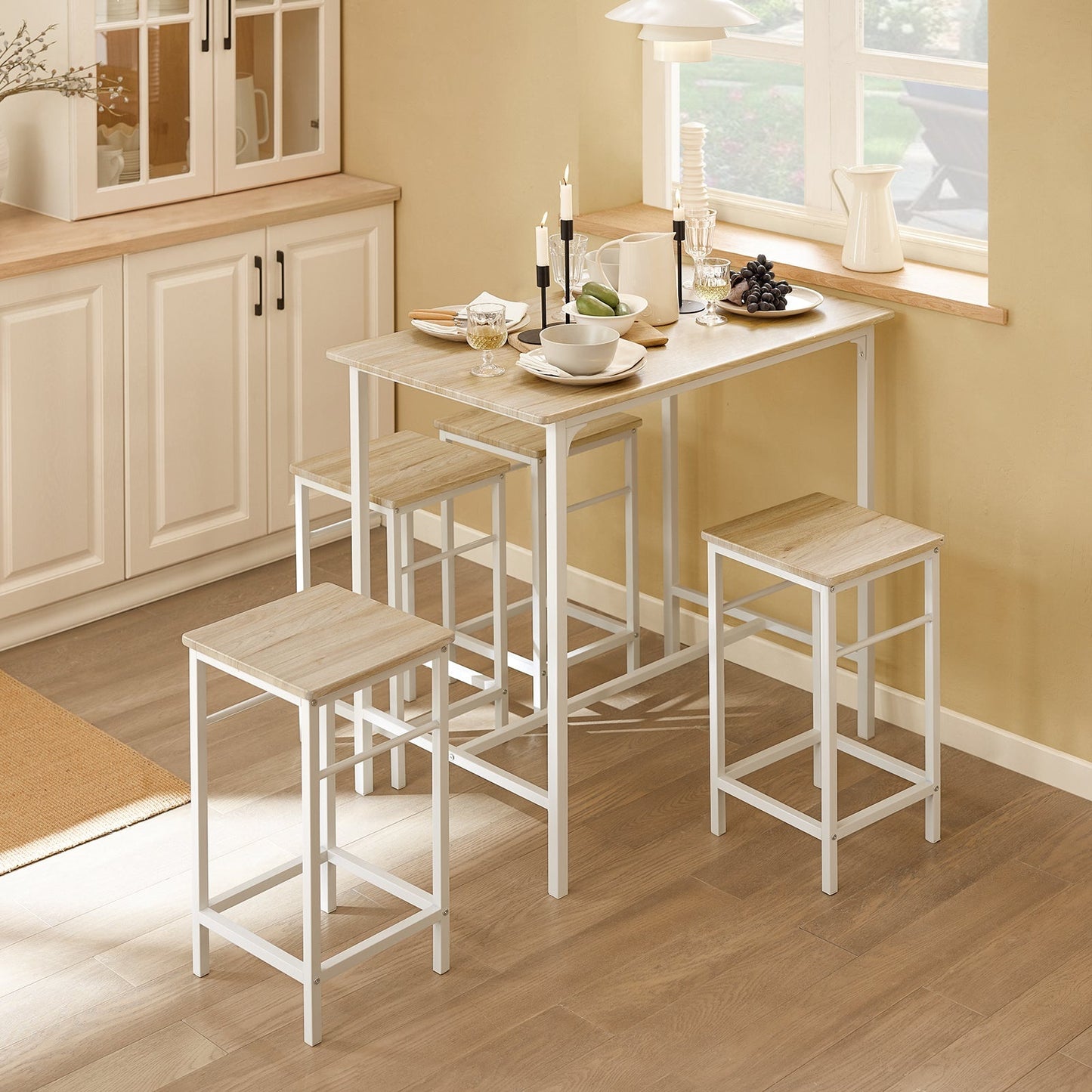 SoBuy Table de bar avec 4 tabourets - Moderne - max. 120 kg - Blanc / Marron