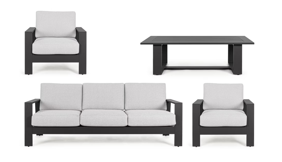 Bizzotto Baltic Lounge Set 4 pièces - Aluminium & Olefin - Anthracite - Banc 206x85,5x83 cm