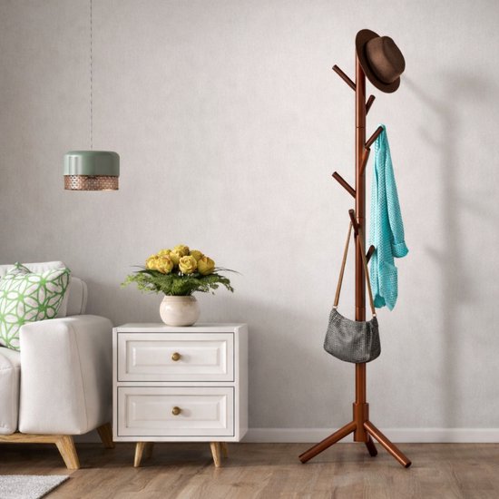 Bayt Porte-manteau - Porte-manteau sur pied - Porte-manteau en bois - Porte-manteau - 8 crochets - 175 cm - Marron