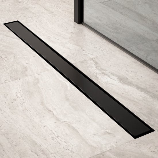 Caniveau de douche - 90 cm - Noir mat - Grille en carrelage - Acier inoxydable - Avec bride