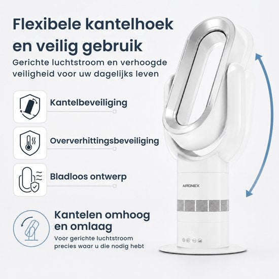 Ventilateur sans fil Aironex Swing avec chauffage – Radiateur soufflant – 2 en 1 : refroidissement et chauffage – 10 réglages – Oscillation à 71° – Télécommande – Blanc