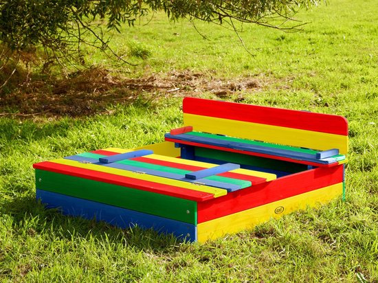 Bac à sable en bois AXI Ella aux couleurs de l'arc-en-ciel - Avec bancs et couvercle - Bois FSC - 100 x 95 x 20 cm - Bac à sable pour enfants