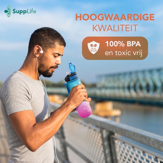 Gourde Supplife - 1 litre - avec paille - Motivation - Gourde de sport - Sans BPA - Bleu-rose