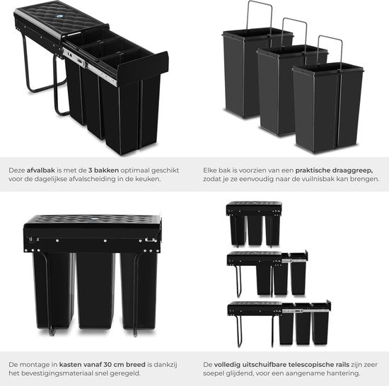 tectake® Collecteur de déchets - Poubelle encastrée - Séparation multiple des déchets - Solution de rangement efficace pour la cuisine et le bureau - Poubelle triple avec rails télescopiques - 3x 10L