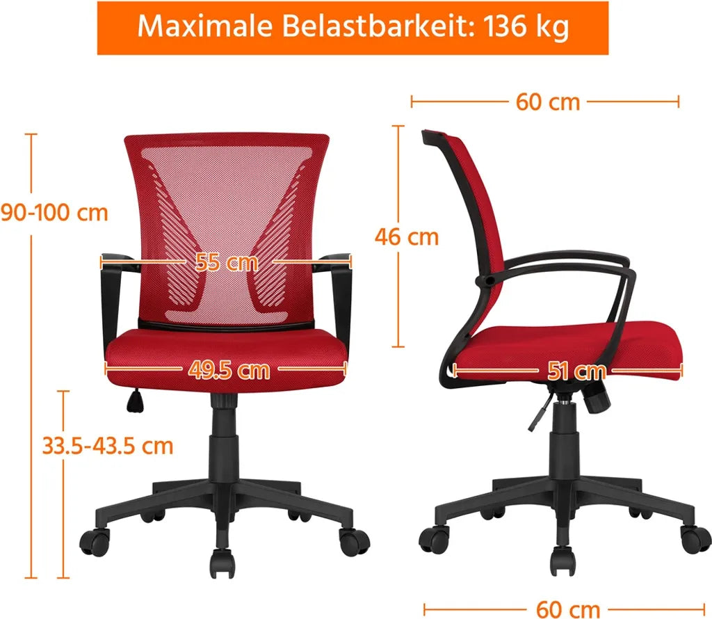 Chaise de bureau ergonomique Yaheetech 60 x 60 x 91-100,5 cm - Rouge - Chaise pivotante réglable avec dossier en maille