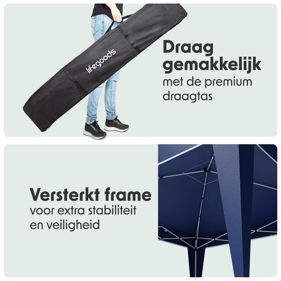 LifeGoods Party Tent Plus - Tente pliante - 3x3 m - Montage facile - Armature renforcée - Imperméable - Sac de transport - Bleu