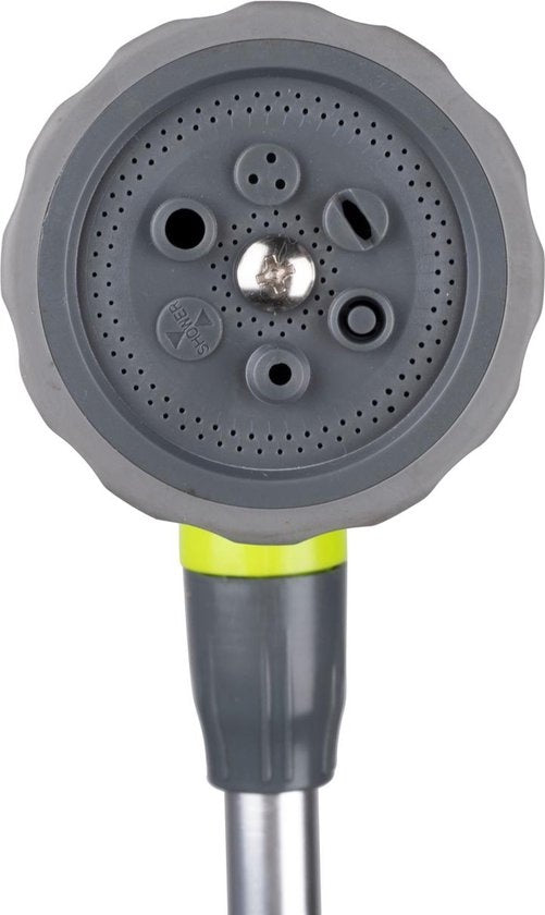 Kinzo Douche de jardin réglable - ⌀56 x 160/220CM - Trépied, pomme de douche et raccord pour tuyau d'arrosage inclus - Plastique/Aluminium - Vert/Argent