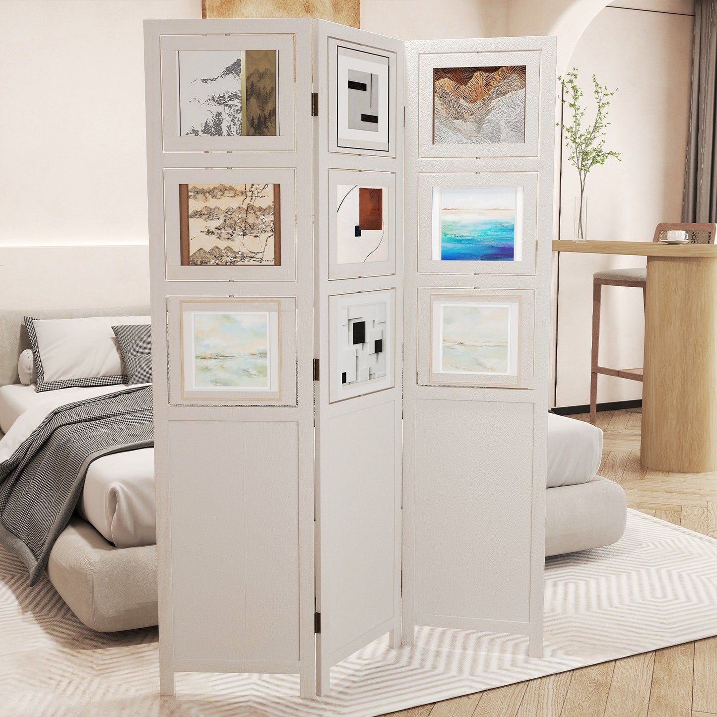 Coast Paravent avec 9 cadres photo rotatifs - 170 x 121 cm - Blanc & Nature - Paravent pliable en bois de Paulownia