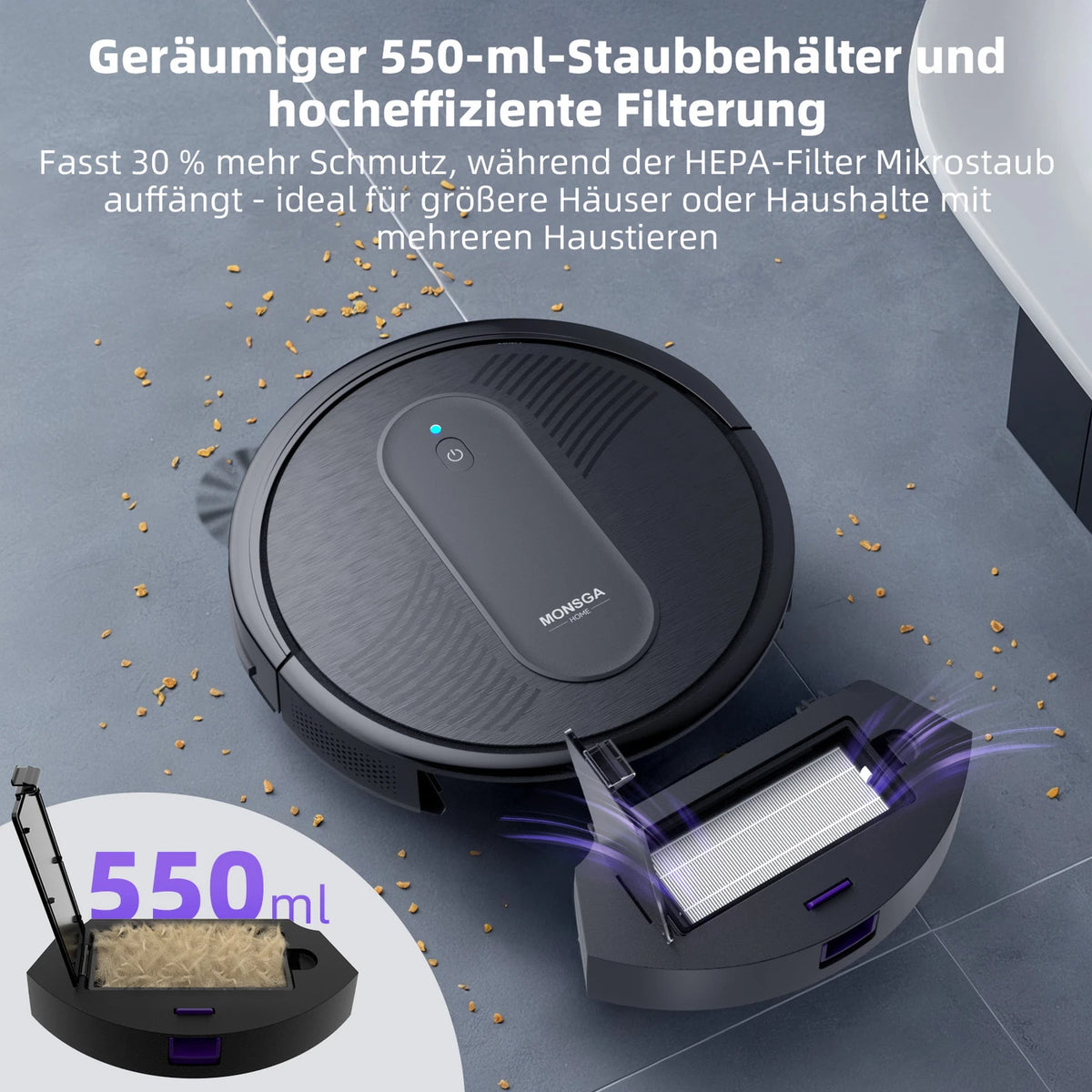 monsga « Robot aspirateur MONSGA MR1, aspirateur robot à puissante aspiration de 3 000 Pa, ultra-fin de 3,2 pouces, 140 min d'autonomie, robot aspirateur pour sols durs/moquettes à poils courts/poils d'animaux, commande par télécommande/application/voix,