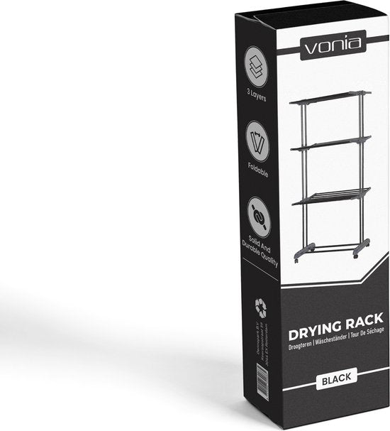 Vonia Séchoir - Séchoir à linge - Tour de séchage - Tour de lavage - 3 couches - Pliable - 72x50x172 cm - Noir