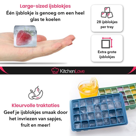 KitchenLove Moule à glaçons en silicone avec couvercle (2 pièces) - 56 glaçons - Carré - Sans BPA - 100% Silicone - Vert & Bleu