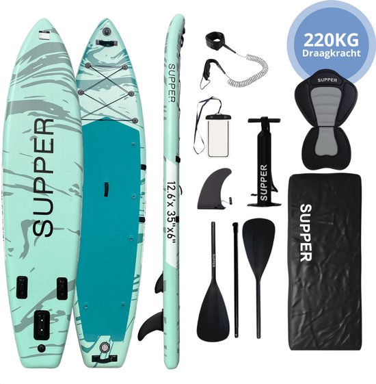 Supper Sup Board XL - Max 220KG - Gonflable - Paddle Board - Etui étanche - Pompe - Palme - Leash - Sac de transport - Touring 381 x 81 cm - Turquoise