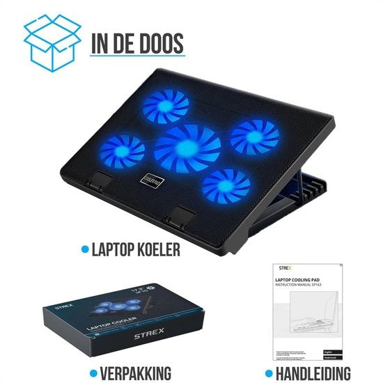 Strex Laptop Cooler - 12" - 17 Inch - Ajustable - 5 ventilateurs - Refroidisseur d'ordinateur portable - Cooling Pad