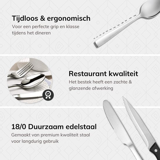 Deleca 8 Person Cutlery Set (48 pieces) - Spoons, Knives, Forks & Steak Knives - Lavable au lave-vaisselle - Silver/Stainless Steel