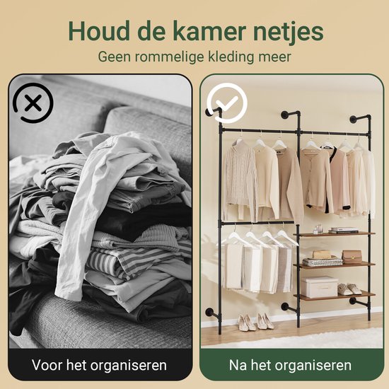 SoBuy armoire à vêtements industrielle avec 3 barres et 3 étagères en MDF, armoire ouverte robuste, noir industriel KLS18-SCH