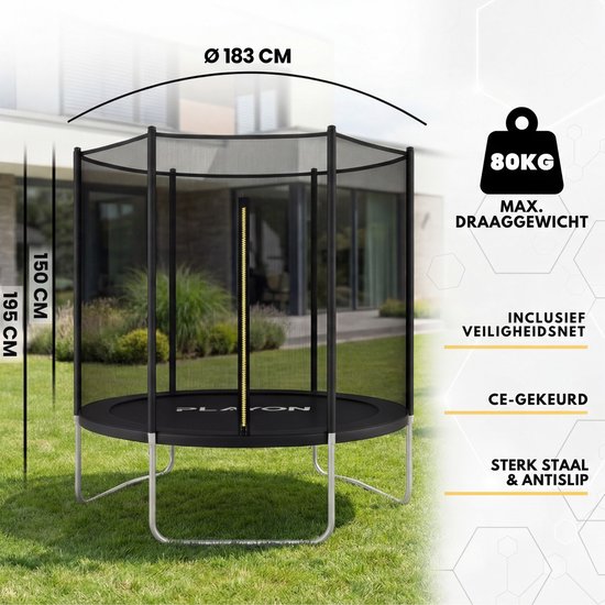 Trampoline Playon - Trampoline avec filet de sécurité - Trampoline pour enfants - Ø 183 cm – Protection latérale incluse – Résistant à l'eau et aux UV - Noir