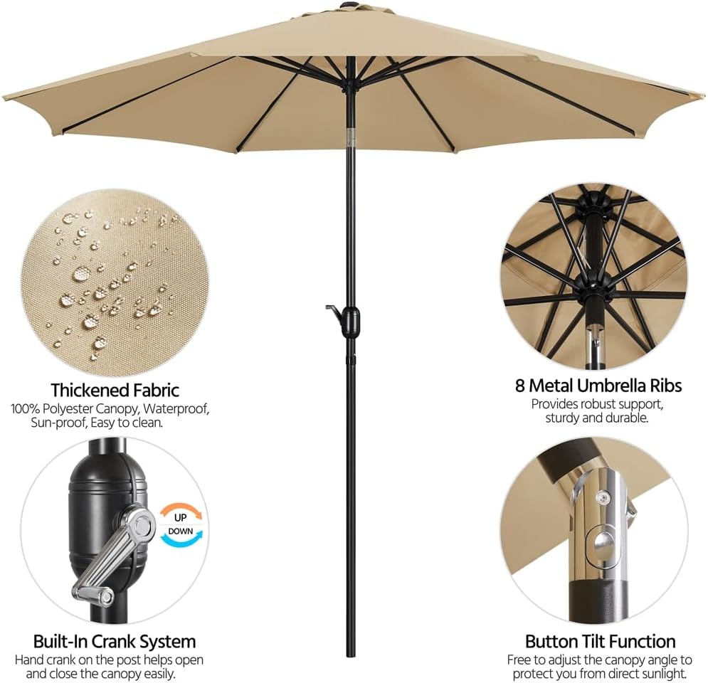 Parasol de jardin de 300 cm avec 8 baleines, manivelle et ouverture d'aération, couleur kaki
