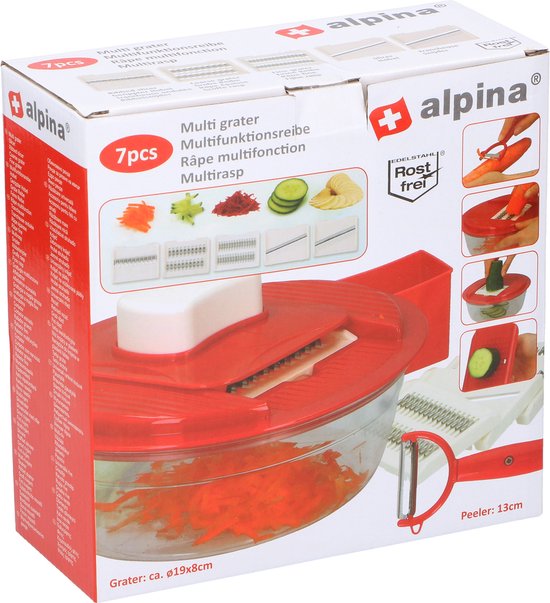 alpina Multi Râpe - Avec plateau collecteur - Epluche-mince - 4 tailles de râpes - Blanc/Rouge
