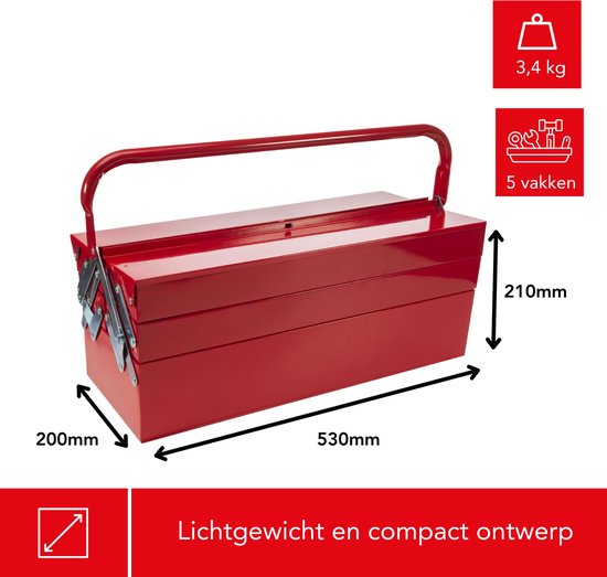Toolland Boîte à outils, métal, pliable, 5 compartiments, rouge, 530 x 200 x 200 mm