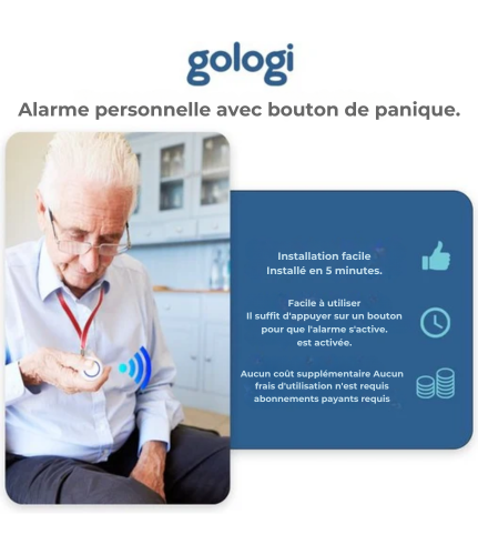 Alarme personnelle - Gologi Slim - Bouton d'alarme sans fil - Bouton d'urgence - Personnes âgées - WIFI - Notification à distance via l'application