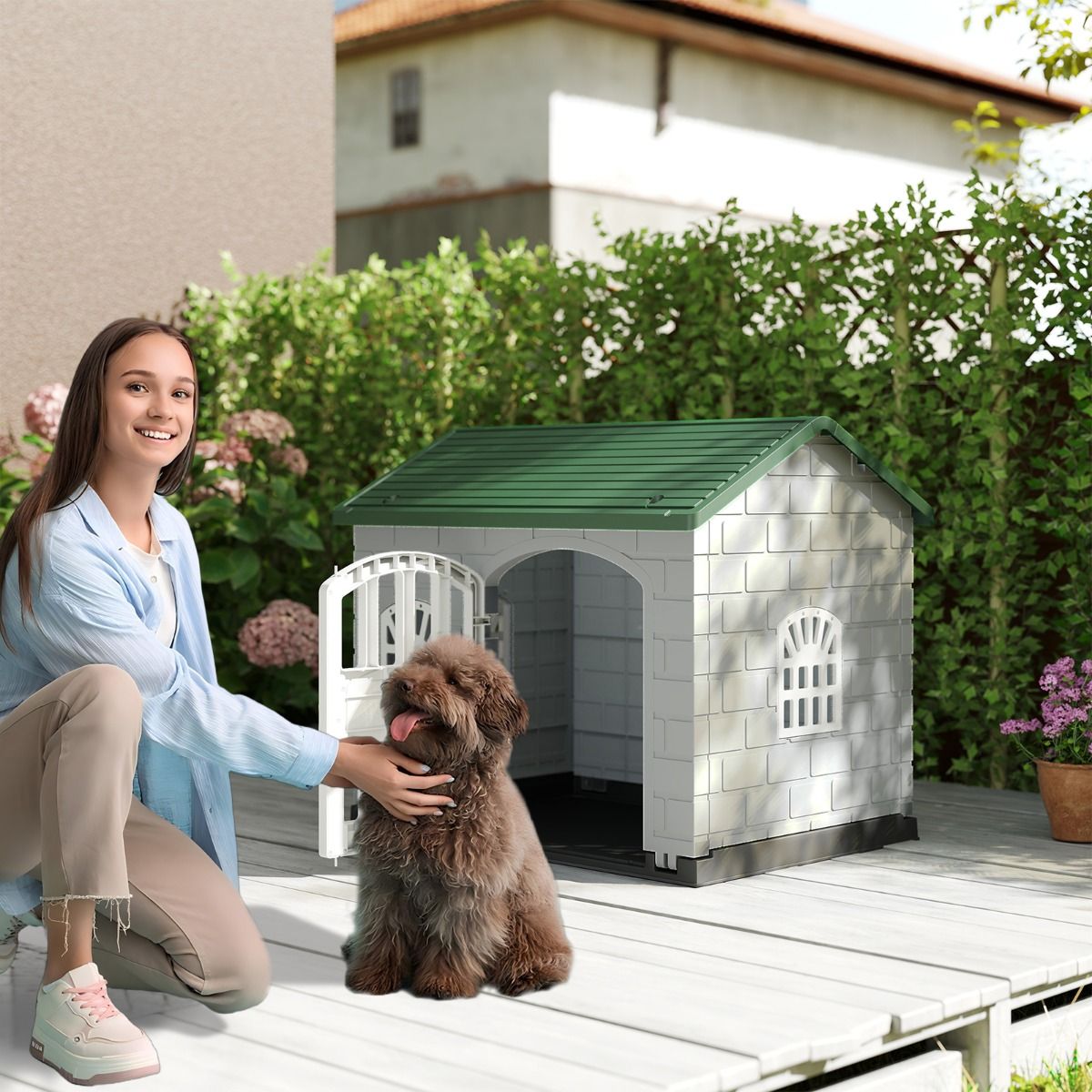 Niche pour chien Coast en plastique - résistante aux intempéries - porte verrouillable et 3 fenêtres - verte