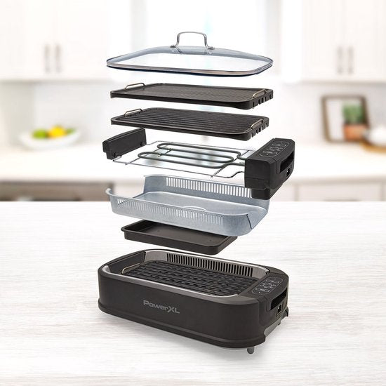 PowerXL Smokeless Grill - Gril électrique - plaisir de griller sans fumée et sans odeur - avec plaque de gril et fonction arôme - revêtement antiadhésif - avec couvercle en verre thermo - gril d'intérieur - 1500 watts - Édition de vente par correspondance