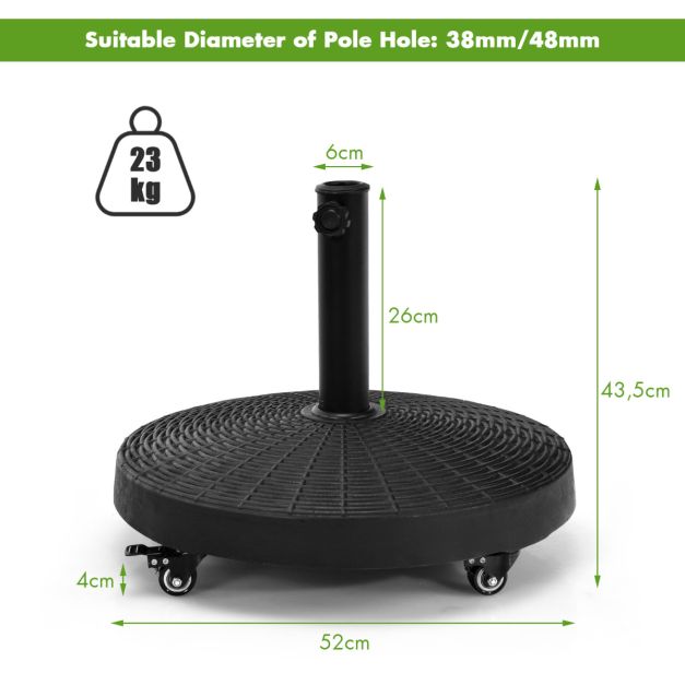 Pied de parasol à roulettes Coast Black - 23 kg, Ø52 cm, Hauteur 43.5 cm - Convient aux tiges de parasol de 38/48 mm