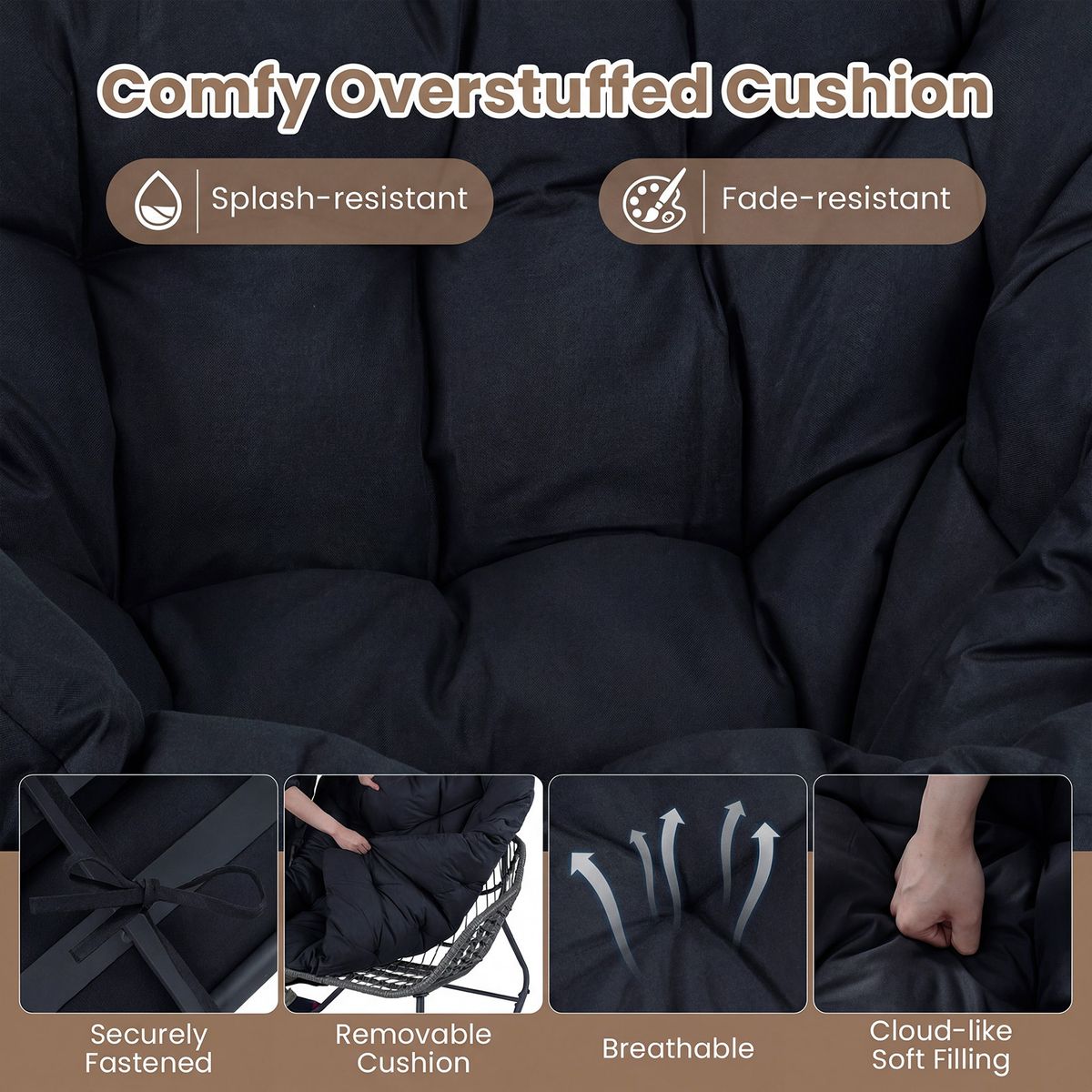 Fauteuil à bascule Coast avec repose-pieds - conception ergonomique - structure métallique avec rotin en PE - noir