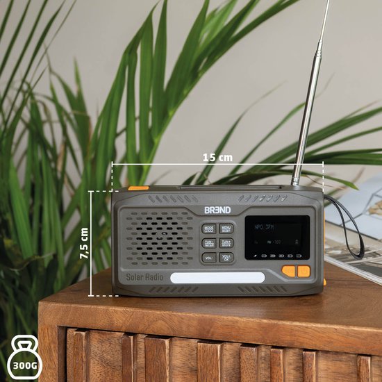 BREND BR-2244 Radio d'urgence avec DAB et FM - Haut-parleur Bluetooth - Alarme SOS - Powerbank - Torche LED - USB-C - Rechargeable avec panneau solaire et manivelle
