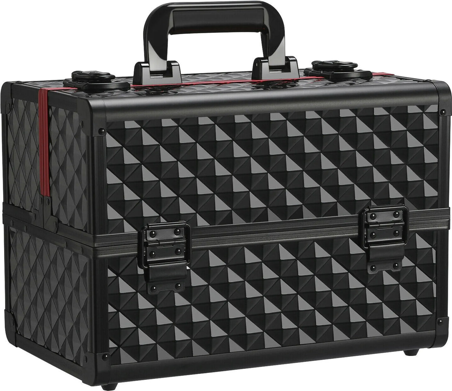 Yaheetech Mallette de maquillage à 3 étages - 34,7 x 22,2 x 25 cm - équipée de cloisons réglables, d'une doublure en velours et d'une serrure à clés - pour les coiffeurs et les esthéticiennes - aluminium noir et rouge