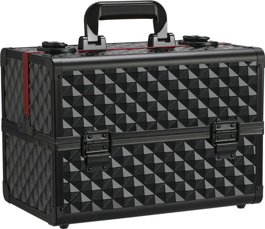Yaheetech Mallette de maquillage à 3 étages - 34,7 x 22,2 x 25 cm - équipée de cloisons réglables, d'une doublure en velours et d'une serrure à clés - pour les coiffeurs et les esthéticiennes - aluminium noir et rouge