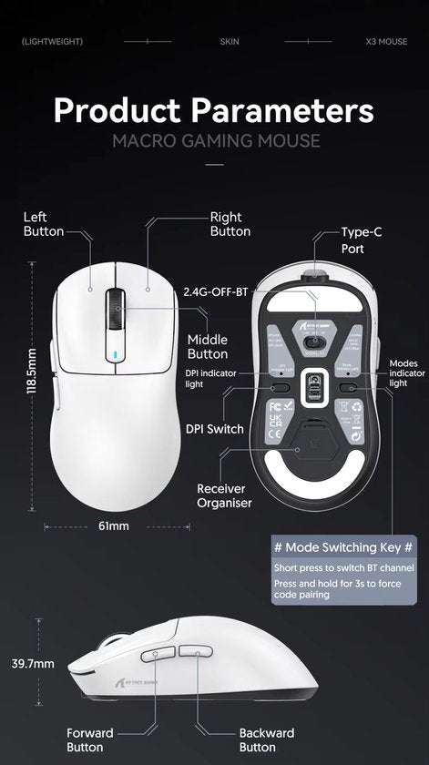 Souris de jeu sans fil Attack Shark X3 PAW3395, super légère 49 g, 26 000 DPI, tri mode 2.4G Bluetooth et USB C, batterie 200 heures, boutons programmables