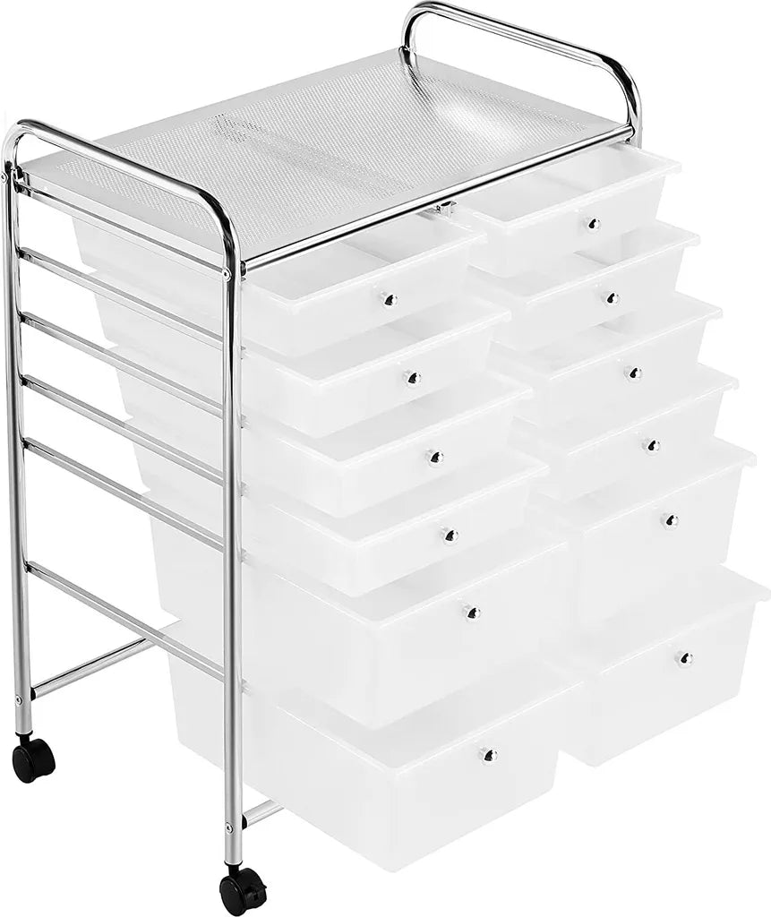 Chariot à 12 tiroirs sur roulettes, structure métallique et poignées, blanc, 63 × 38,5 × 82 cm
